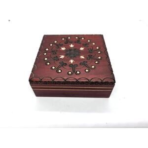 Vintage Handmade Wood Box Rosette Pattern Original Paperwork - Made in Poland